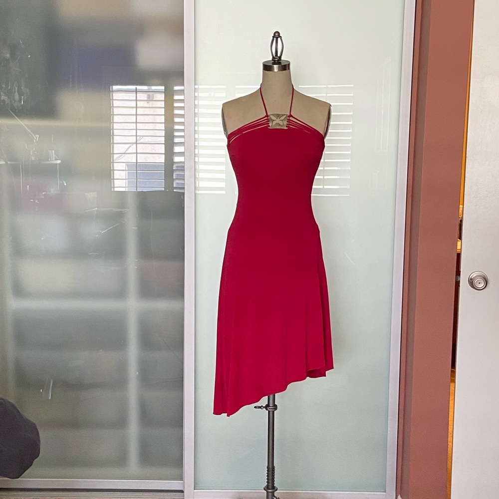 BCBG Red Halter Asymmetrical Hem Dress